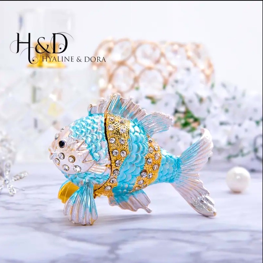 🆕 H&D HYALINE & DORA Hinged Enamel Hand Painted Fish Trinket Box - Ring Earrings